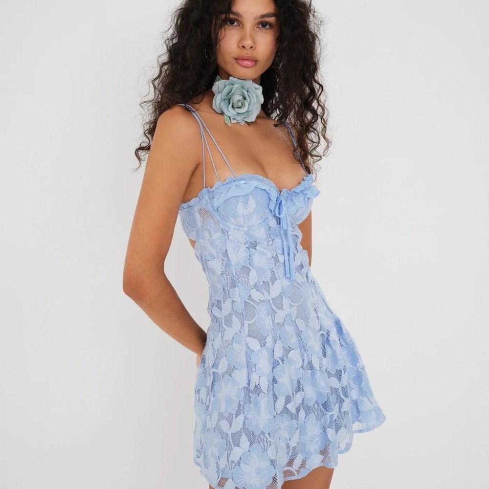 NWT For Love and Lemons blue Kate Mini Dress (L)